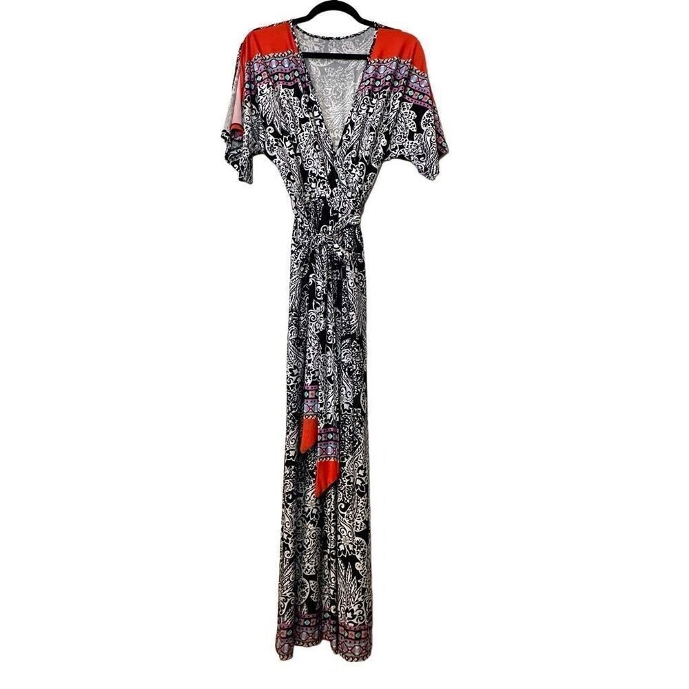Venus Damask Surplice Split Flutter Sleeve Tie Belt Jumpsuit Multicolor Small